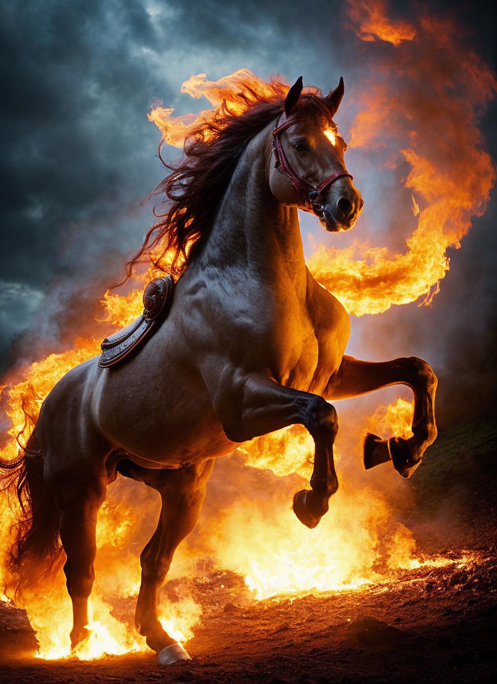 Wild Horse Running Through Fire, with Smoke and Flames Surrounding It