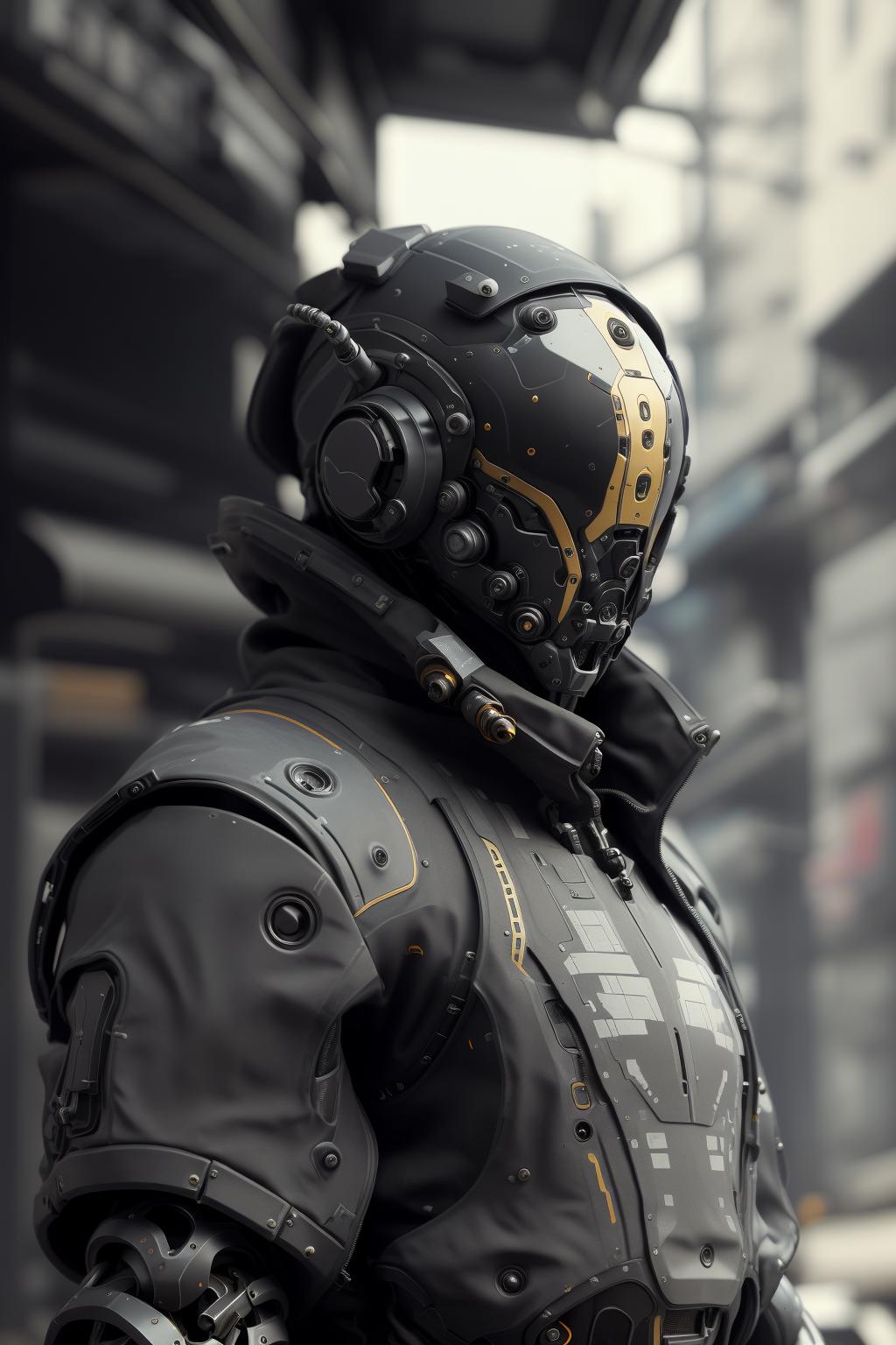 Futuristic Robotic Warrior with Grey and Gold Armor