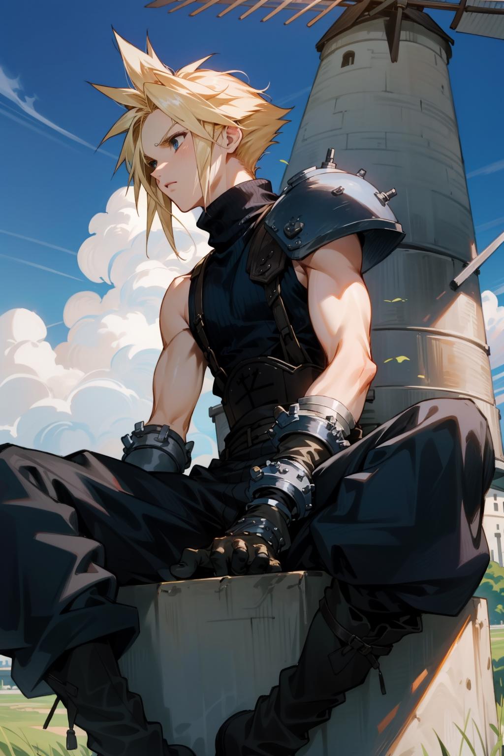 A cartoon illustration of a man with blond hair sitting on a block.
