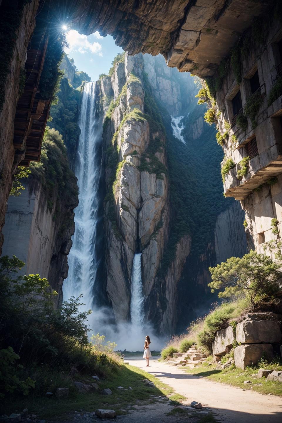 A woman standing in front of a massive waterfall with a mountain backdrop.