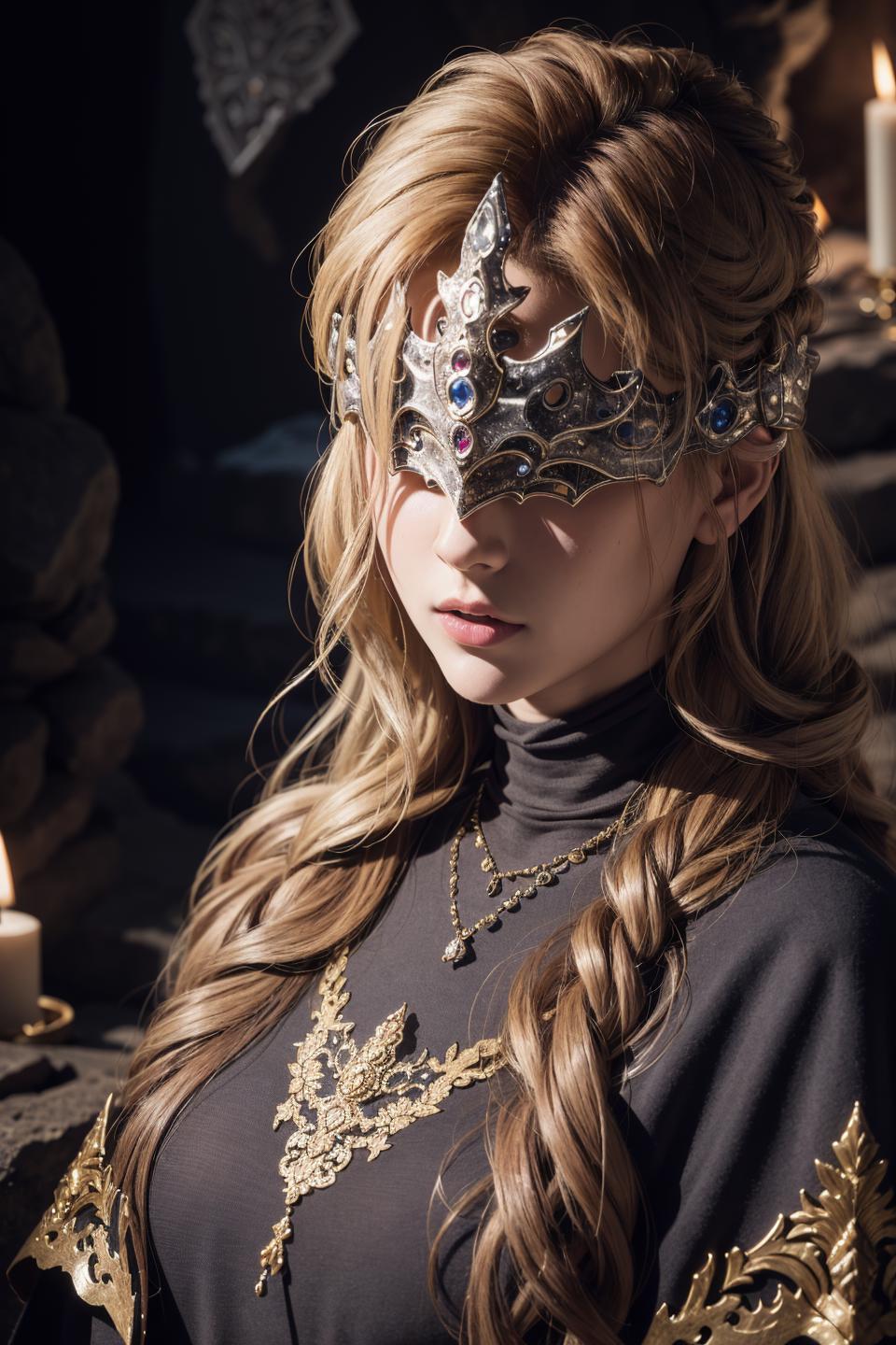 A woman wearing a gold and silver mask and a black top.