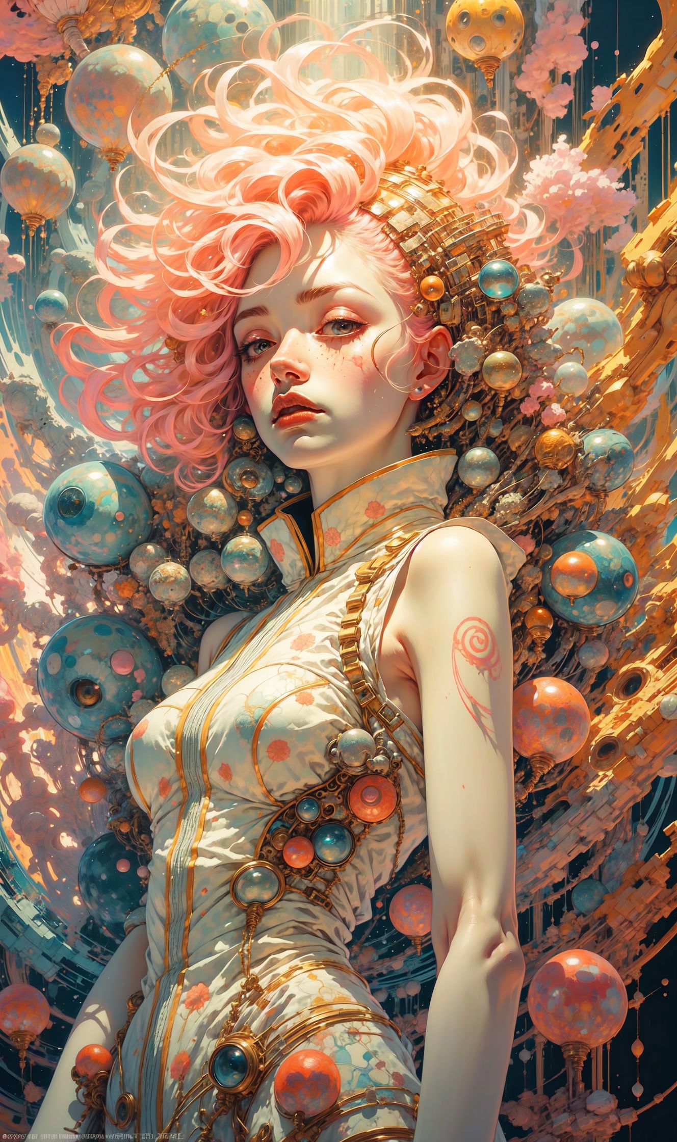 A woman in a white dress with pink hair and a tattoo on her arm, surrounded by various colorful balls and orbs.