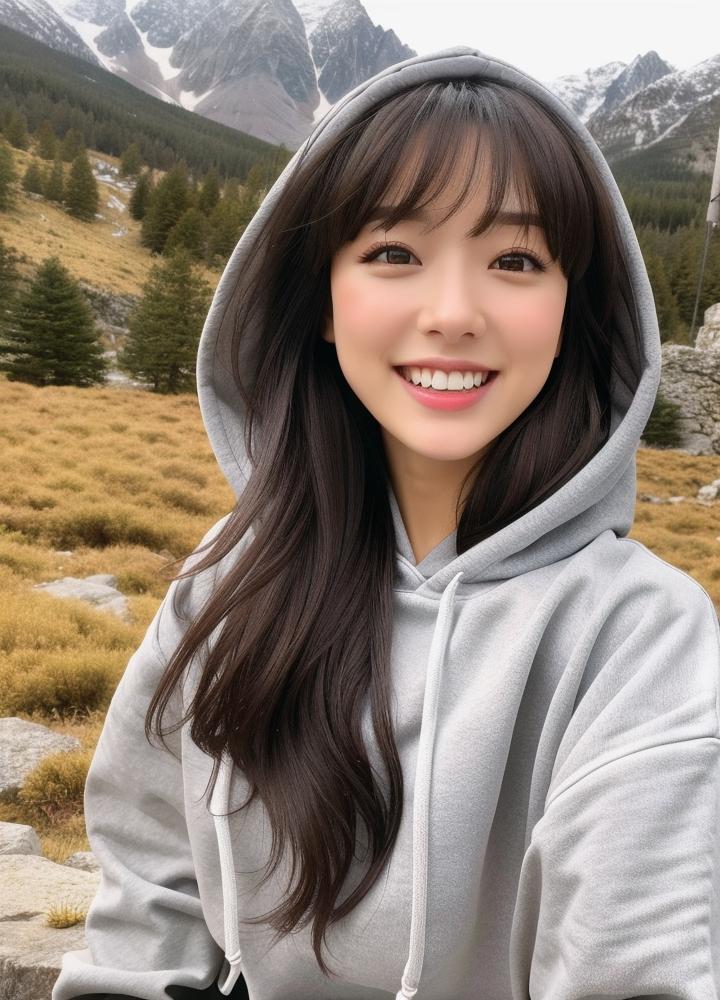 A young woman wearing a grey hoodie smiling brightly in the outdoors.