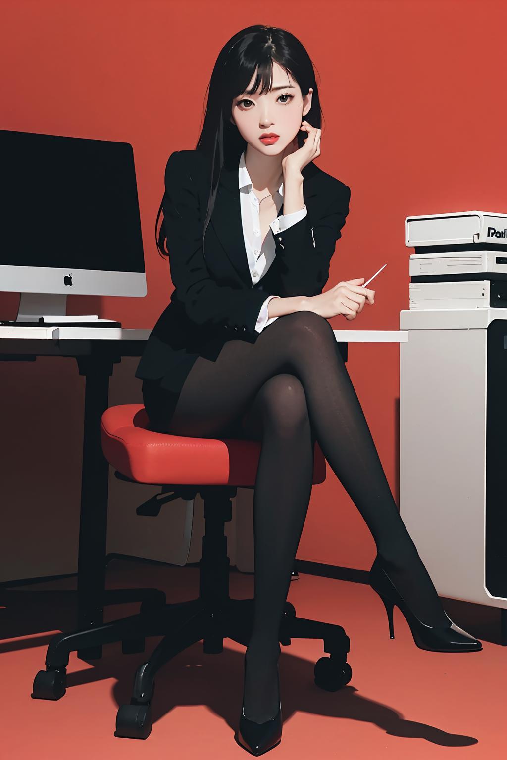 A beautifully dressed career woman sitting at a desk.