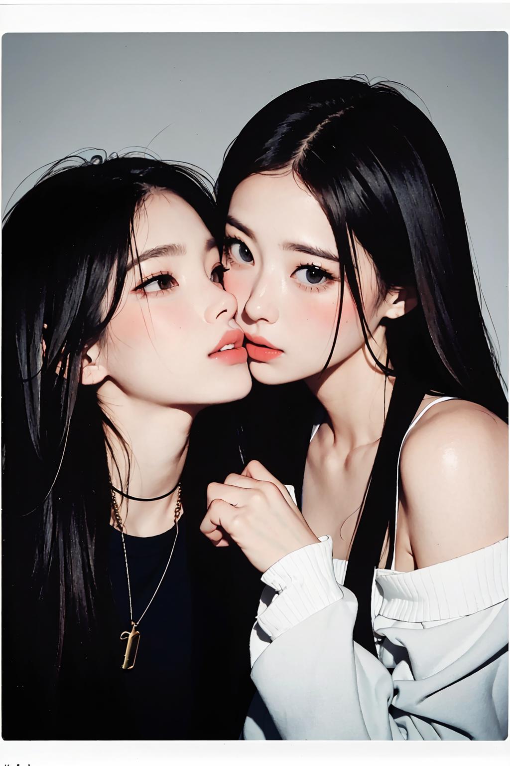 Two Asian women with dark hair, wearing white shirts, share a kiss.