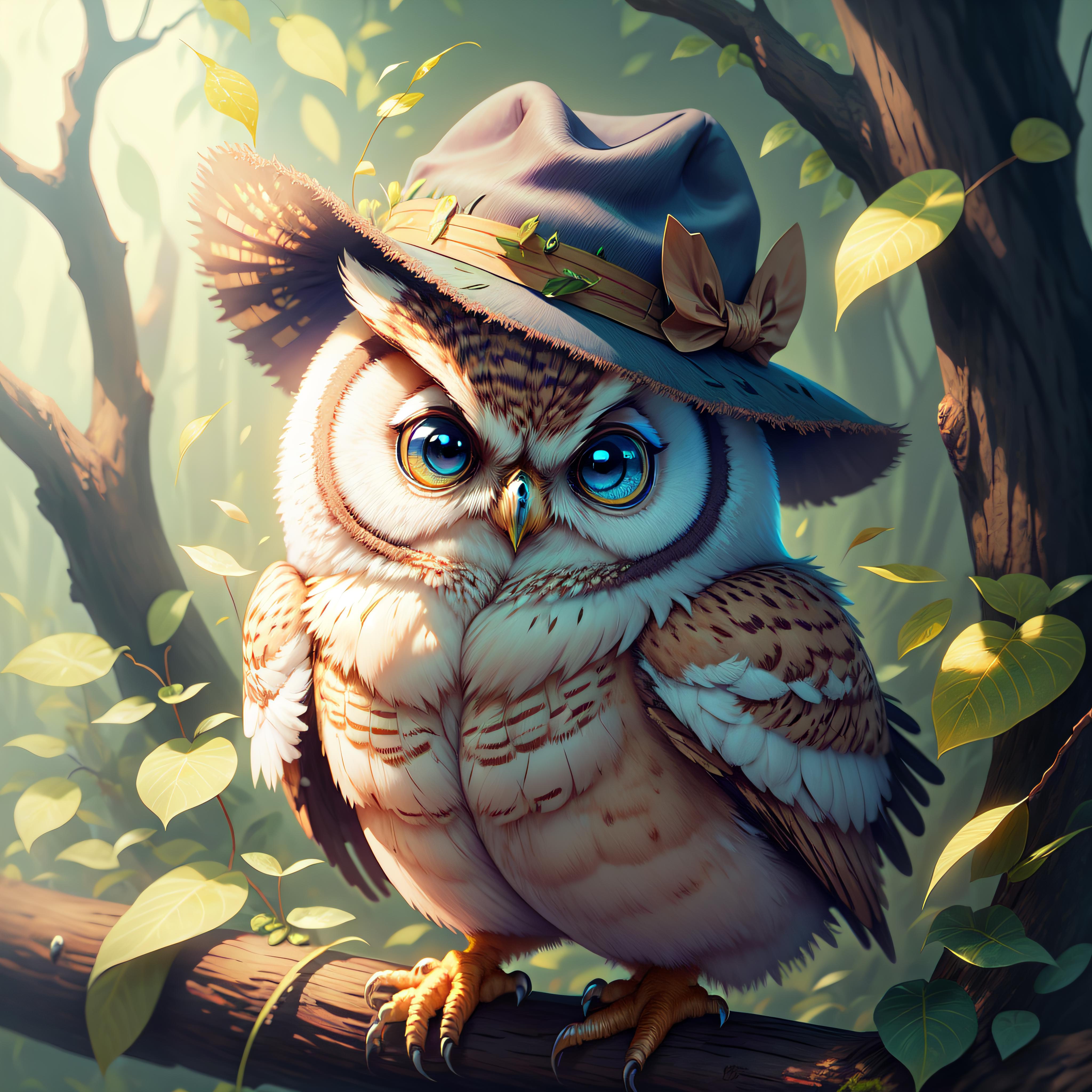 A brown and white owl wearing a hat and sitting on a tree branch.