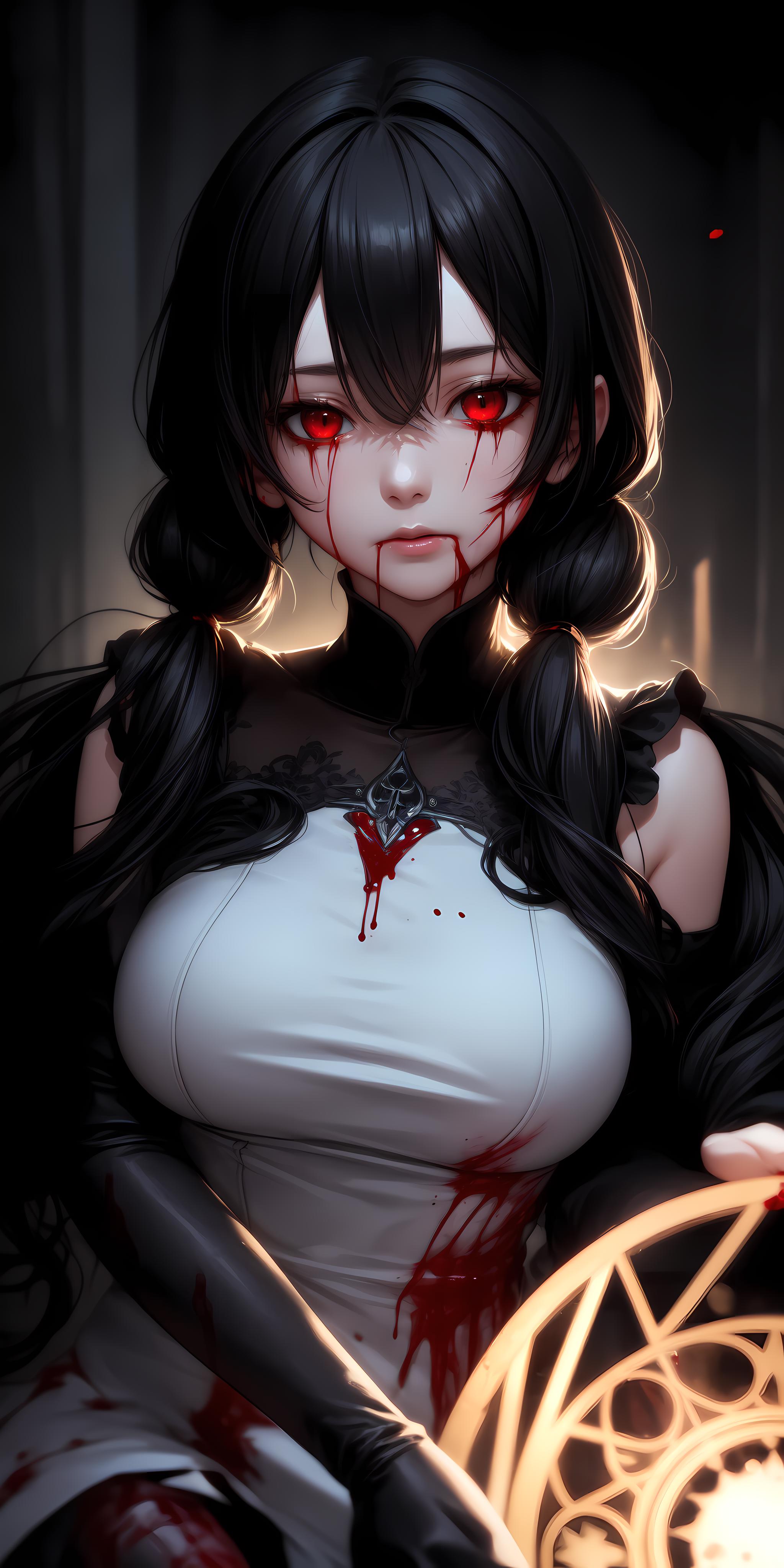 An animated drawing of a woman with black hair, red eyes, and blood on her face.