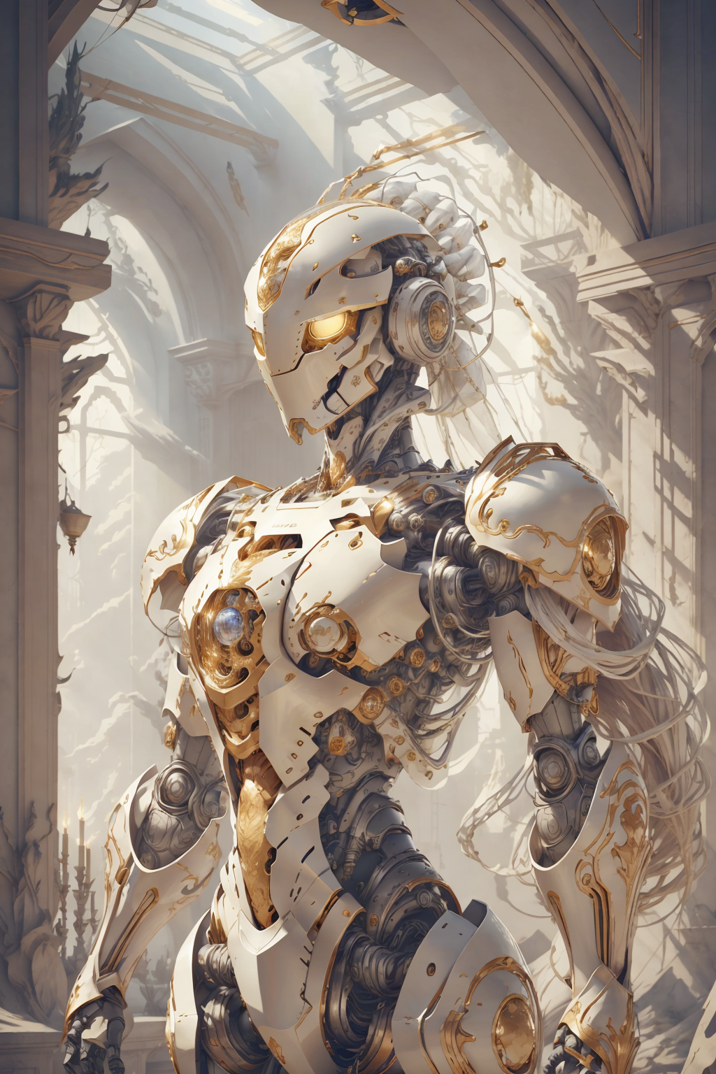A robotic figure with gold and white armor, standing in a white room.