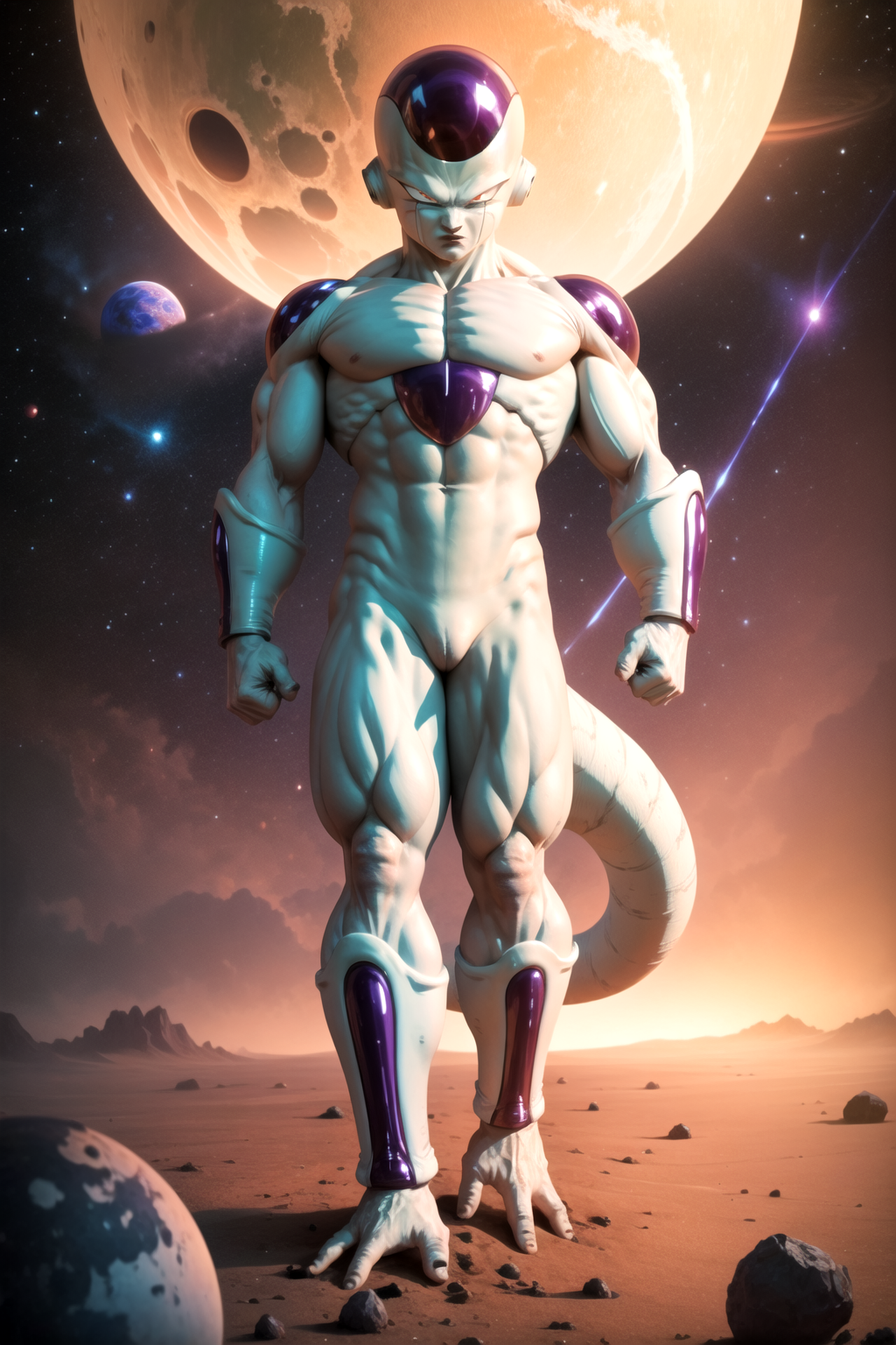 "A Muscular Blue and White Dragon Standing Against a Backdrop of Planets"