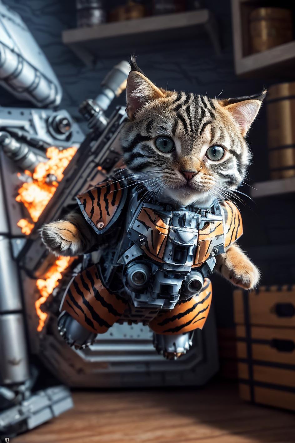 A small kitten wearing a toy robot costume and flying through the air.