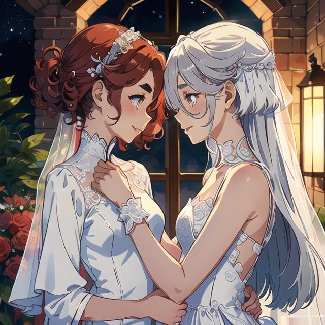 Two Cartoon Brides Standing in Front of a Window