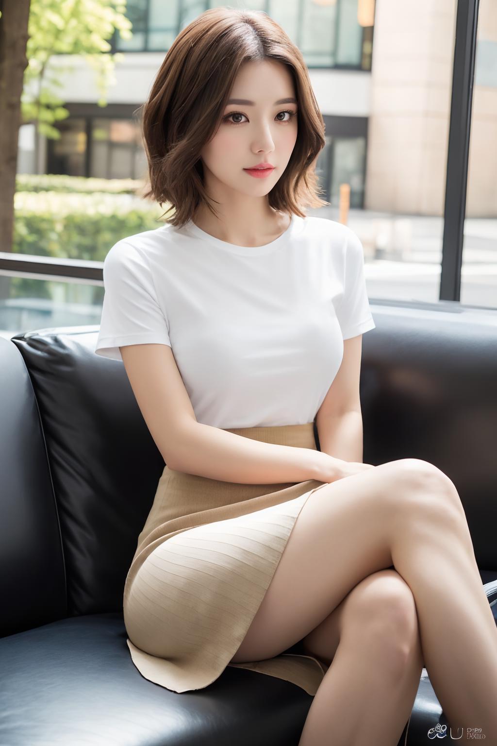 A beautiful woman wearing a white shirt and skirt poses for a picture.