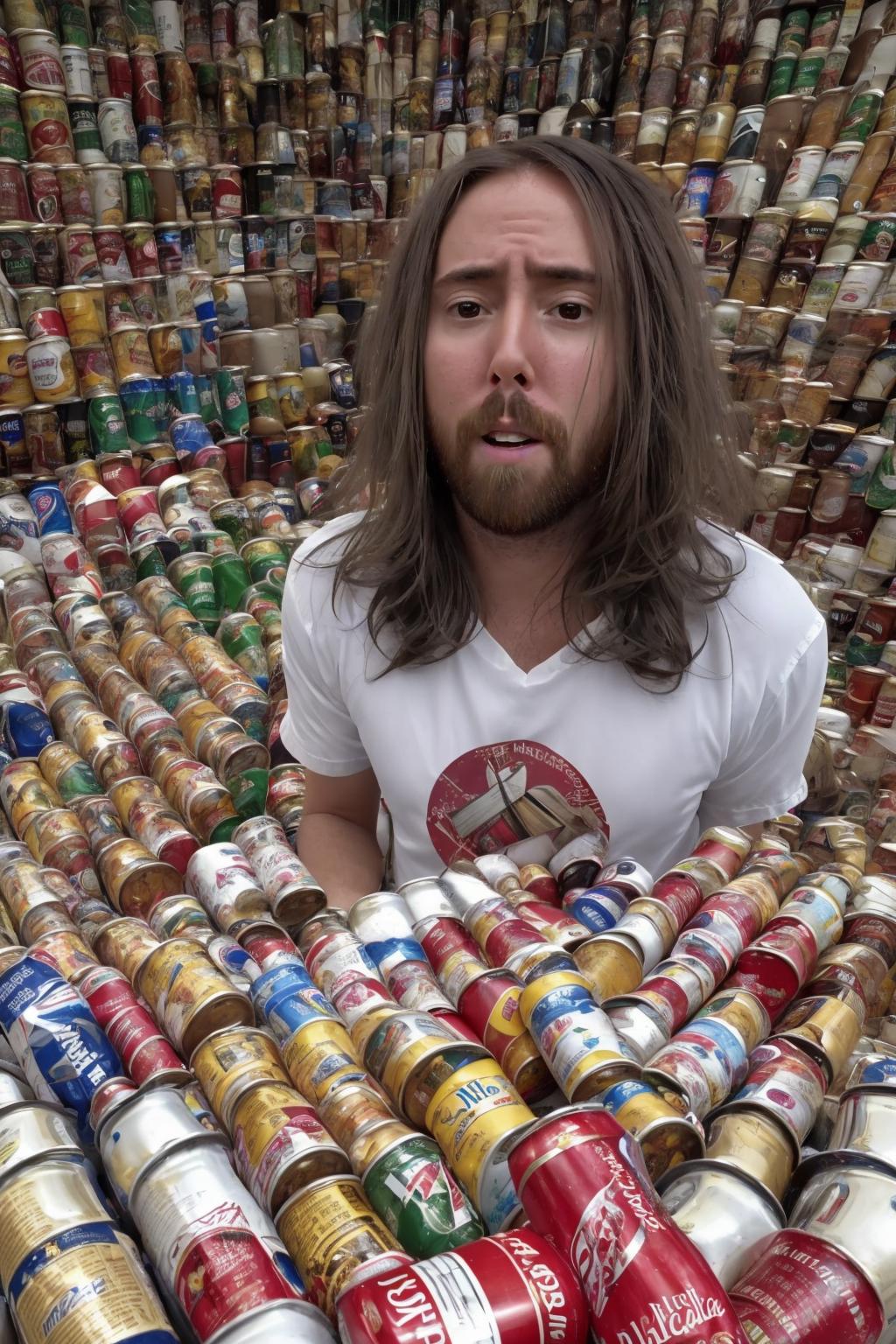 Man with a beard surrounded by many cans of soda.