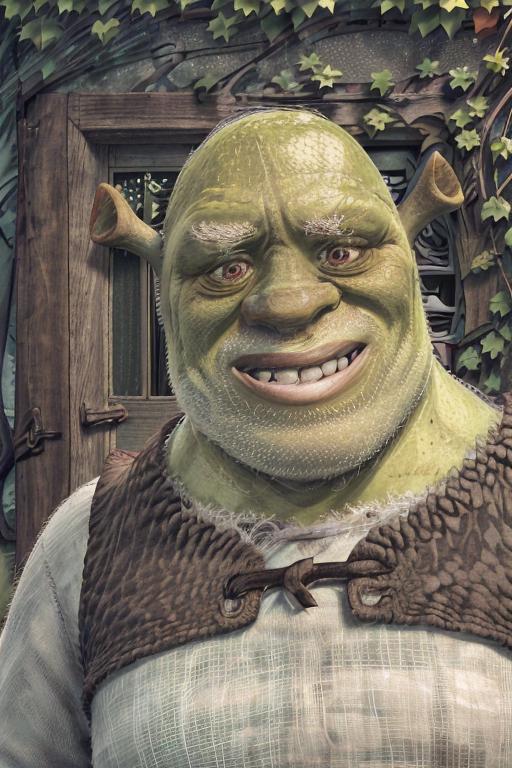 A cartoon image of a smiling Shrek with a white beard.