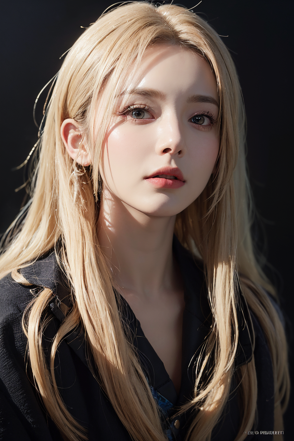 The image depicts a beautiful young woman with long blonde hair, wearing a black shirt. She is looking at the camera with a pouty expression, and her eyes are wide open. The lighting in the photo emphasizes her features, highlighting her lips and eyelashes. Her hair is falling forward, adding a touch of elegance to the scene. The woman's gaze and expression convey a sense of confidence and poise, making the image visually appealing and captivating.