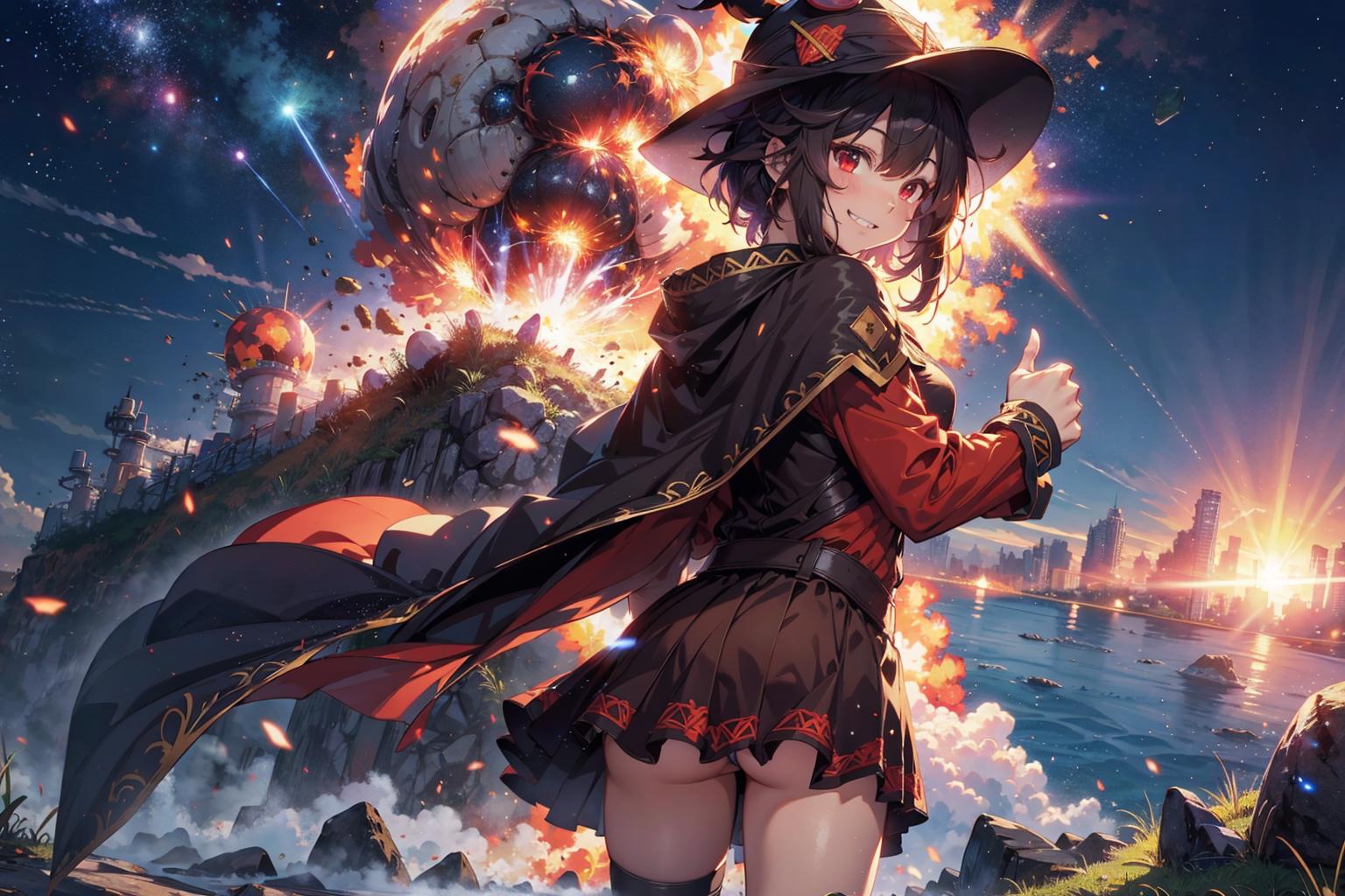 A witch in a black dress posing in front of a sky background.