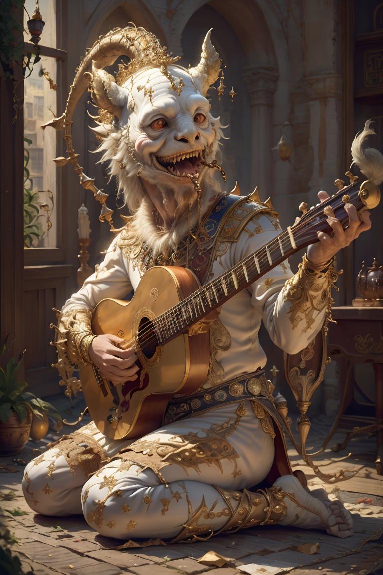 Fantasy art of a man in a costume playing a guitar with a demonic face.