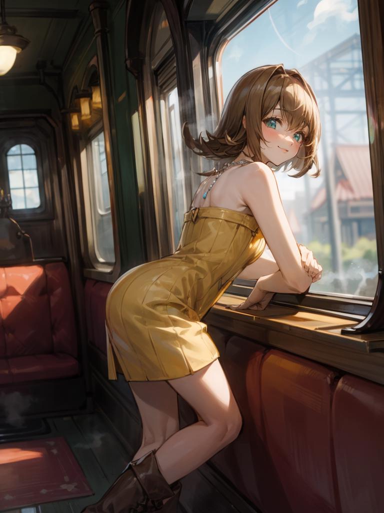 A cartoon girl in a yellow dress leans out of a window, smiling.