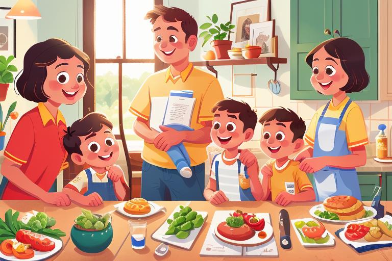 A cartoon family of four posing in front of a table filled with food.