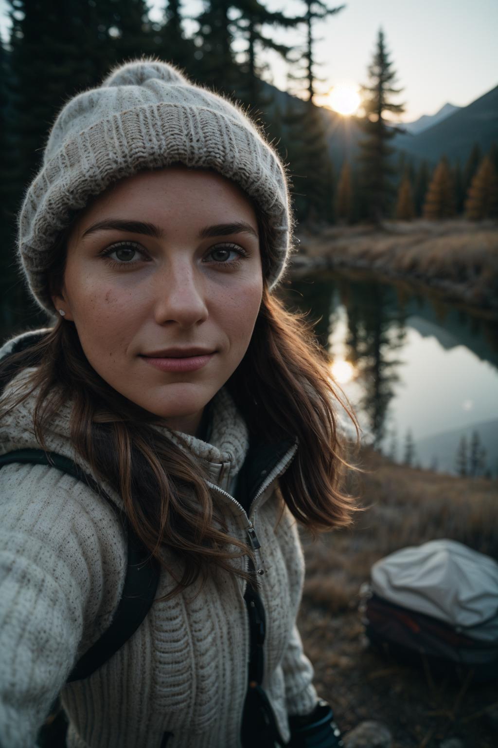 A woman wearing a beanie and a backpack is standing in front of a lake.