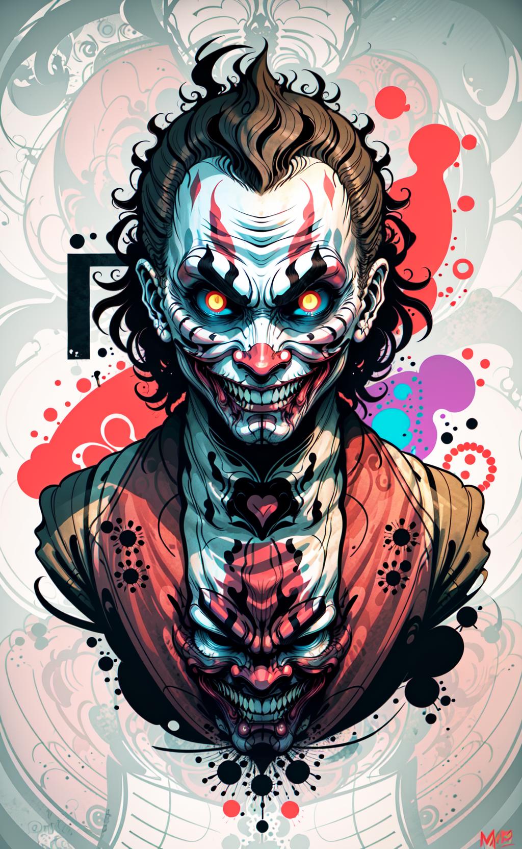 A demonic clown with a heart for a mouth and a face with multiple eyes is featured in this artwork. The clown is wearing a red and white outfit and appears to be sitting in a chair, surrounded by a colorful background. The surreal and eerie nature of the image makes it an intriguing piece of art.