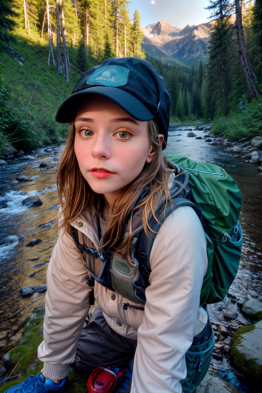 Young Woman with Green Backpack and Hiking Gear Sitting by a Stream