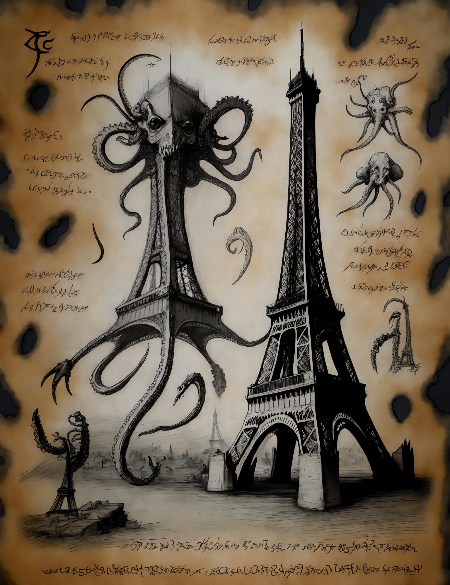 Detailed Illustration of a Monster Attacking the Eiffel Tower