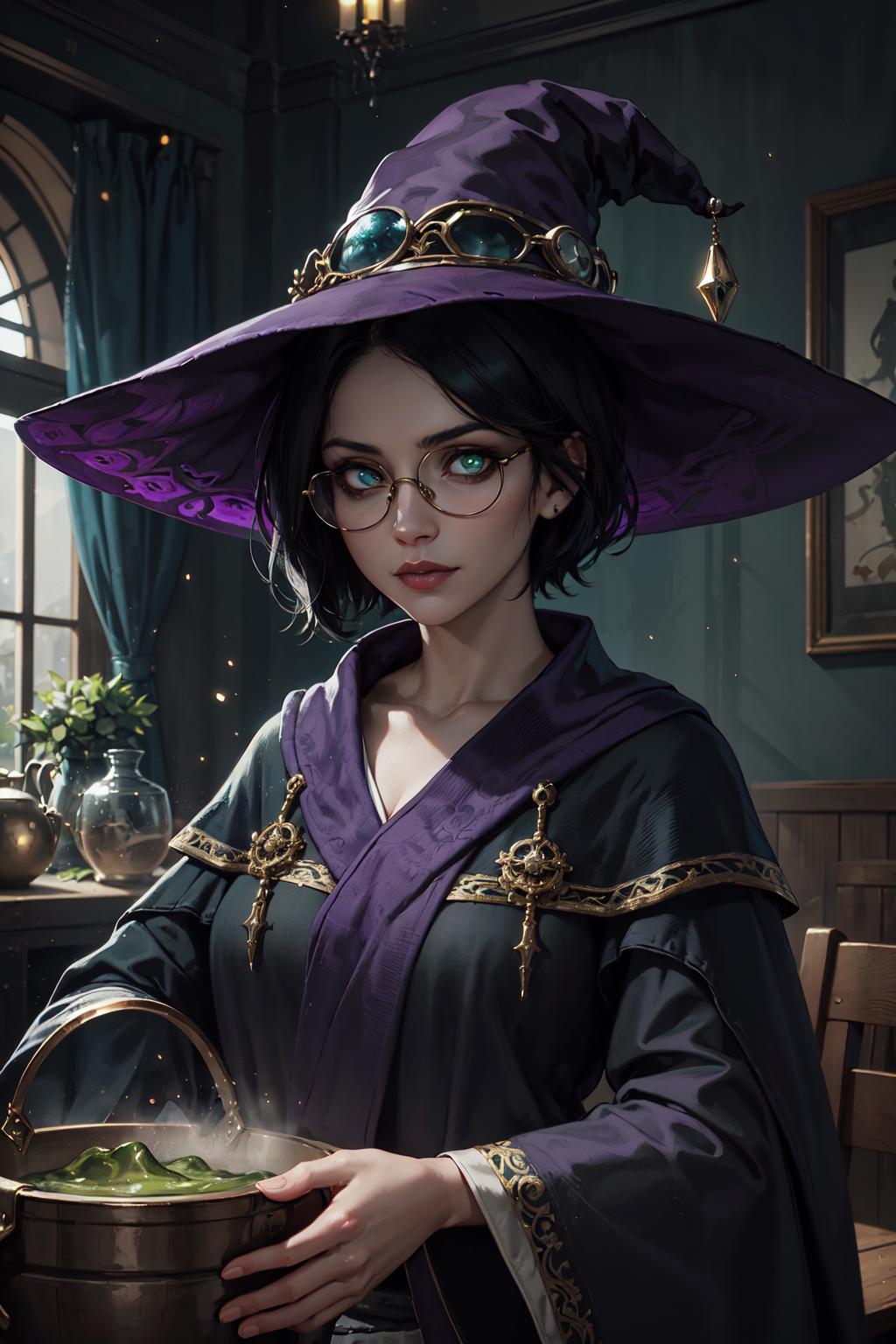 A woman wearing a purple witch hat, purple outfit, and glasses poses for a picture.