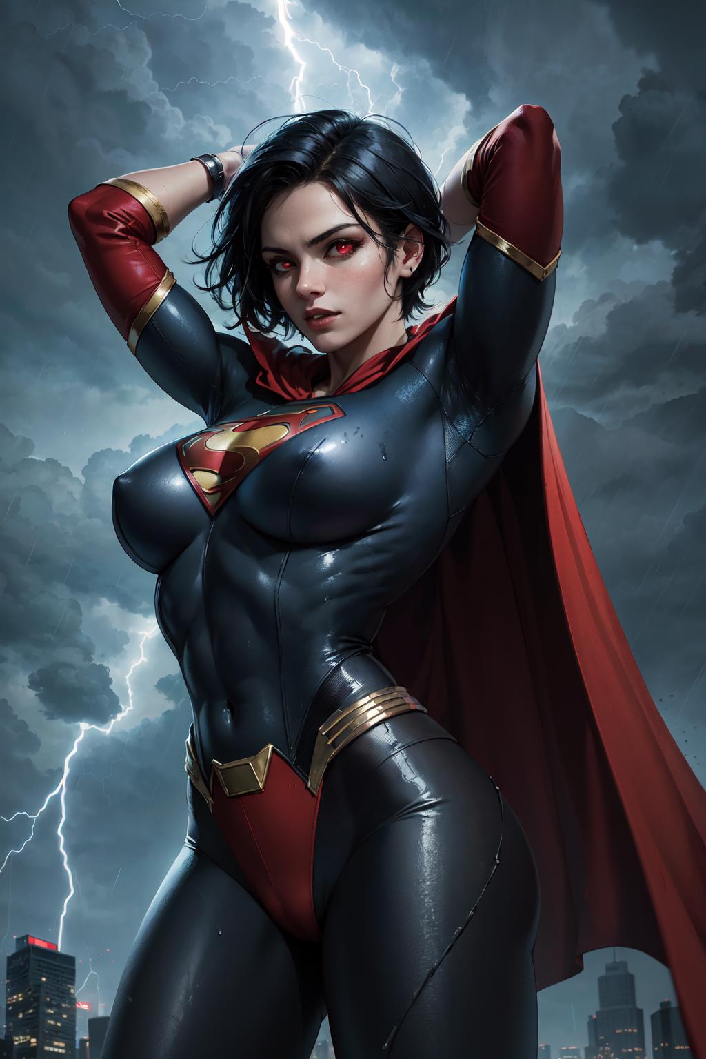 Superwoman posing in a black and red costume with cape and red hair.