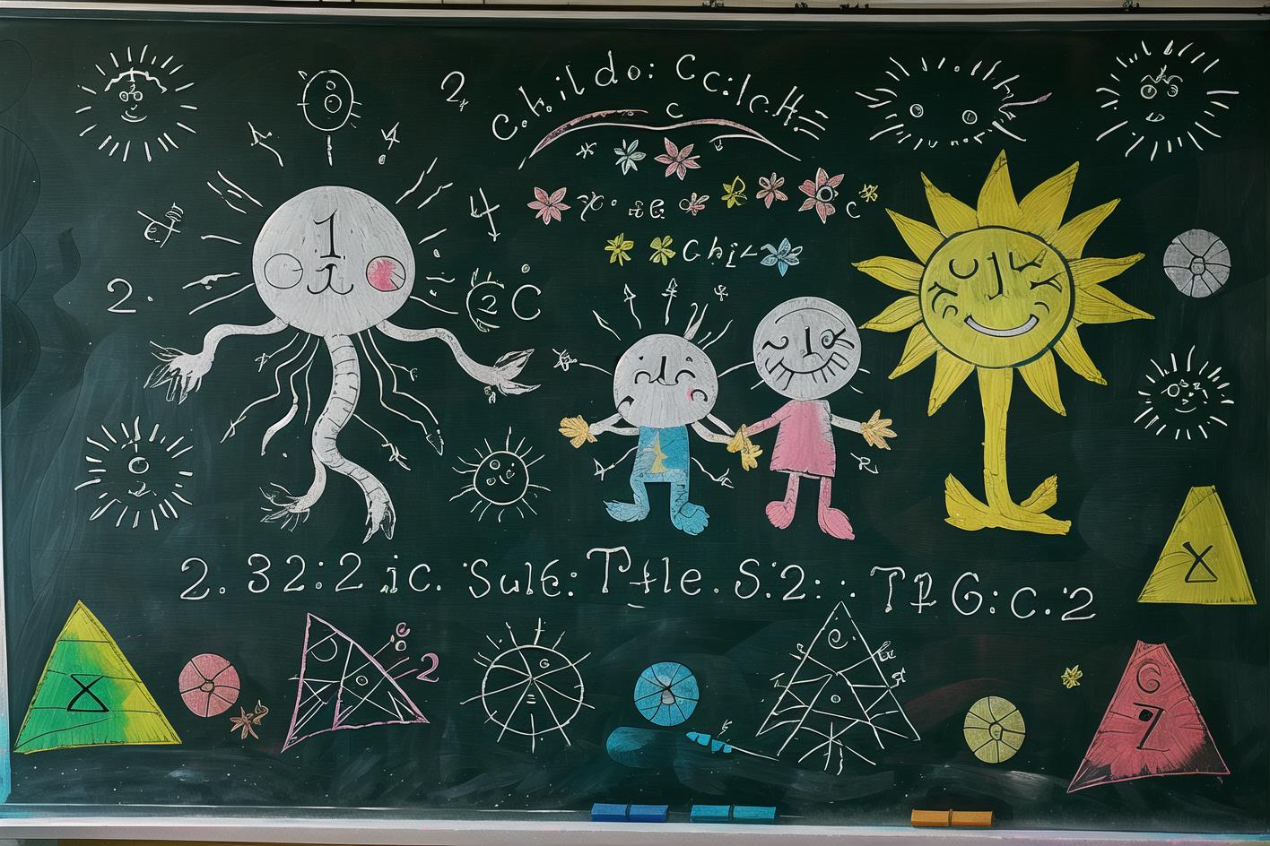 A chalkboard with various drawings, including a sun and characters, and writing.