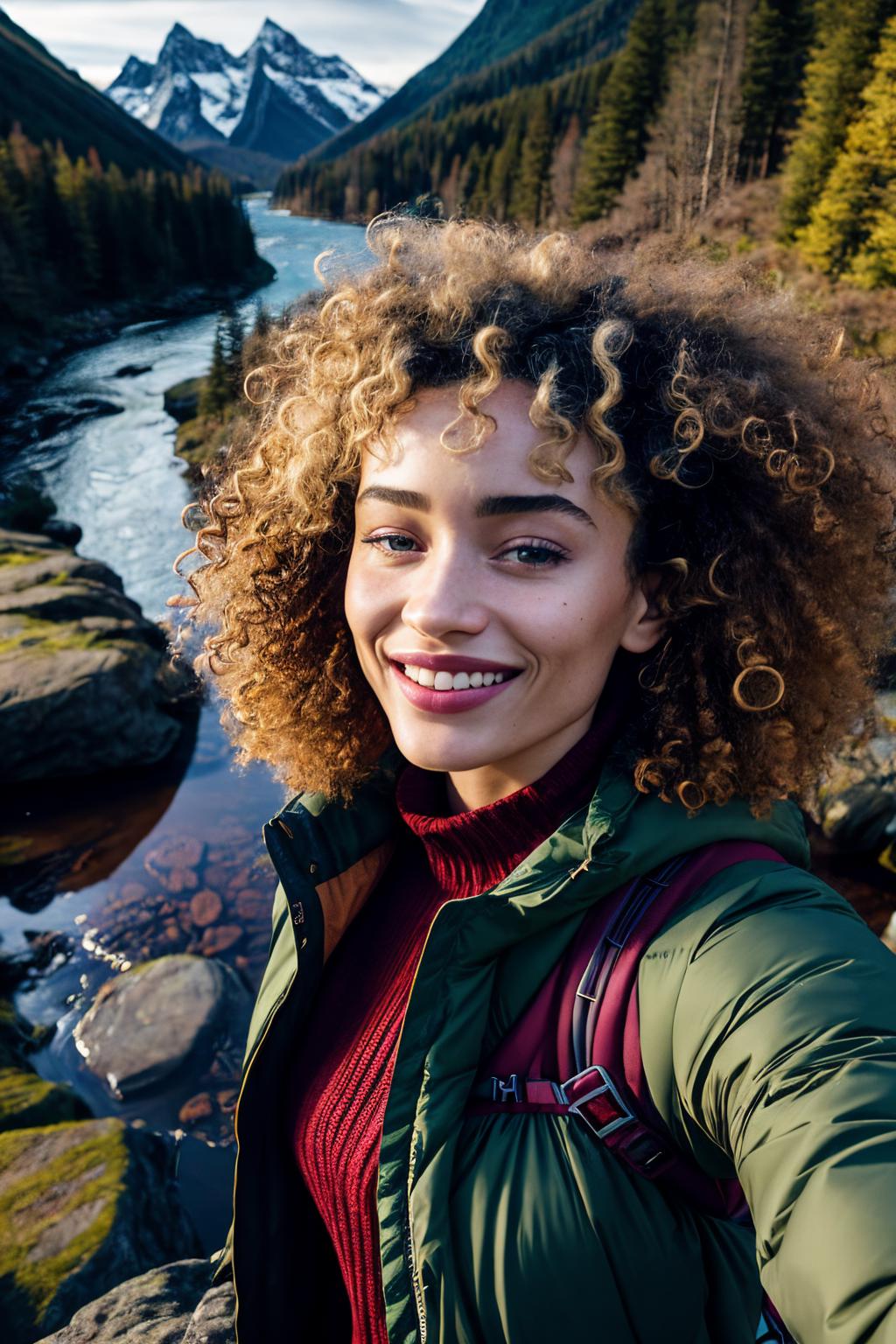 A woman with curly hair wearing a green jacket and a red shirt posing next to a river.