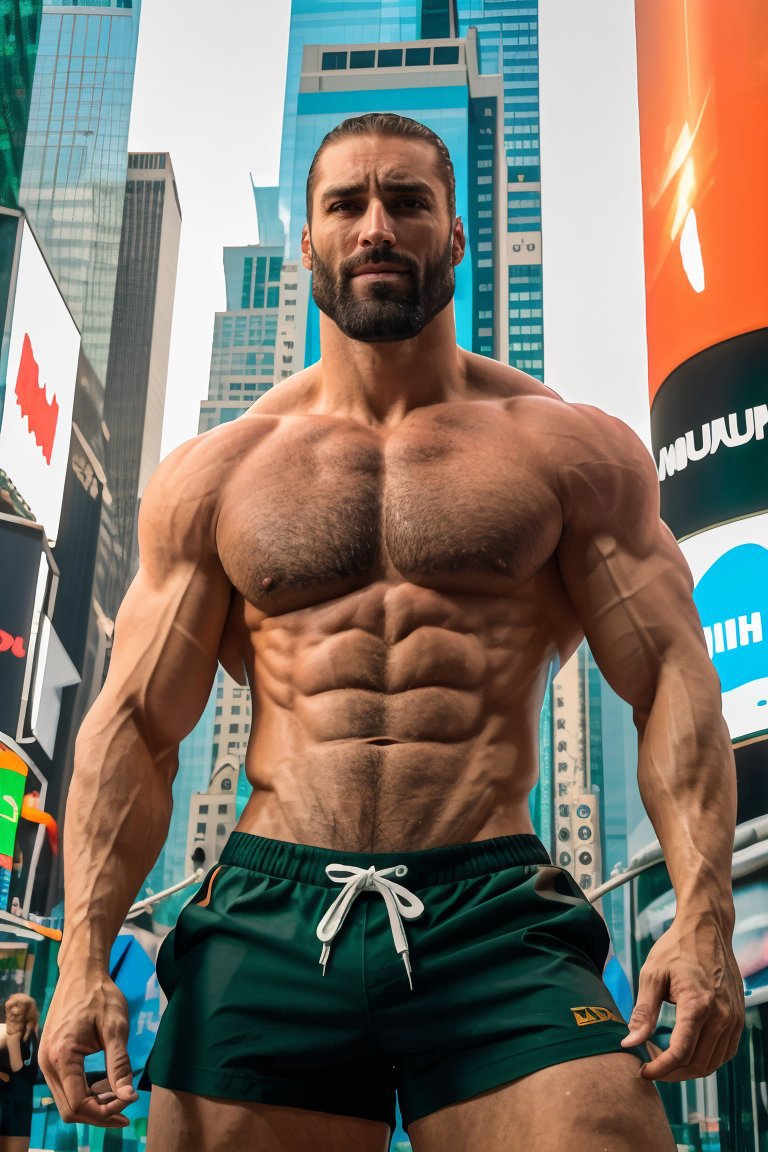 A shirtless, muscular man posing in front of a city skyline.