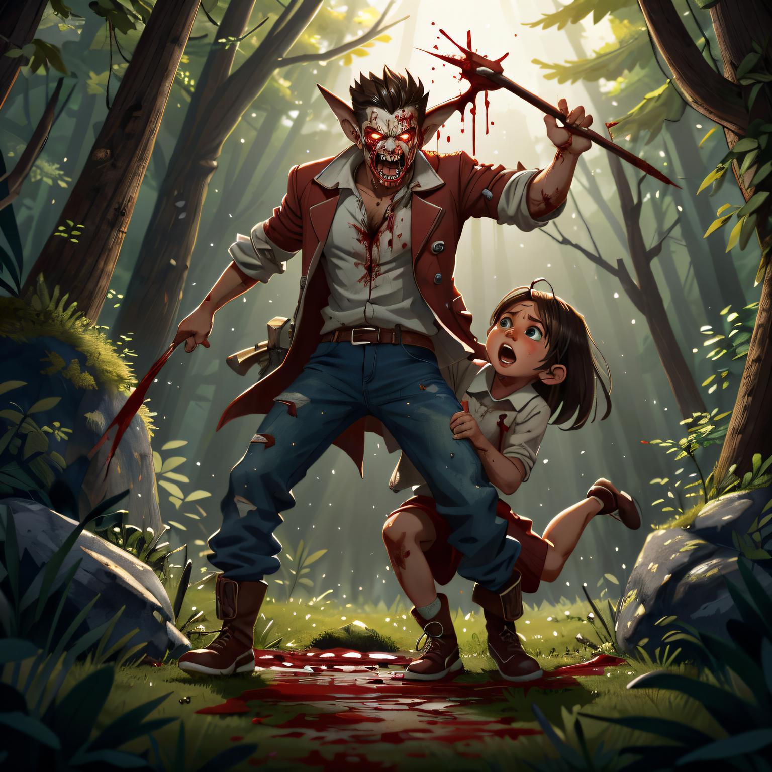 A man and a girl are in a forest. The man is holding a knife and there is blood on his face. The girl is looking up at him in fear.