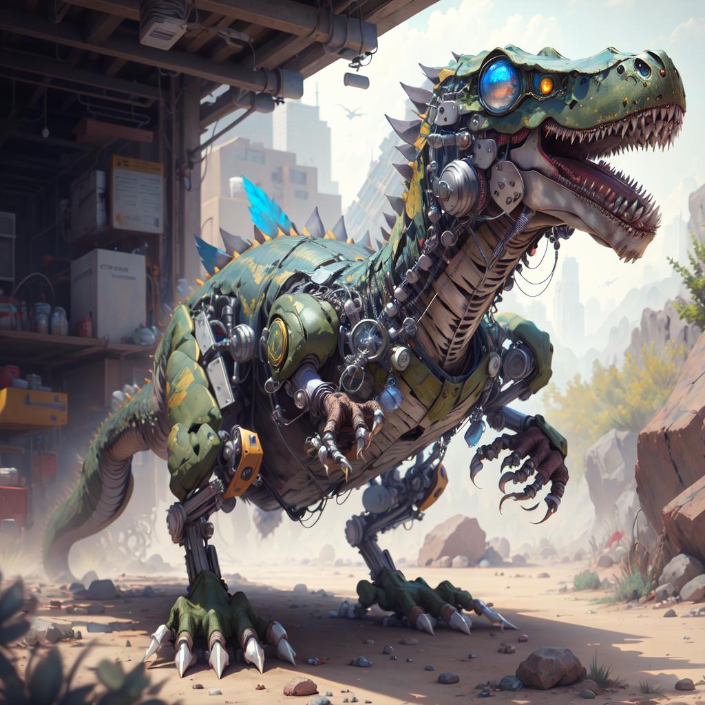 The robotic green dinosaur with mechanical legs and teeth, standing in a desert setting.