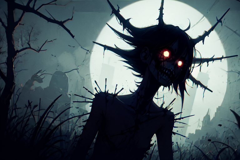 A zombie with spikes on its head and body standing in a grassy area.