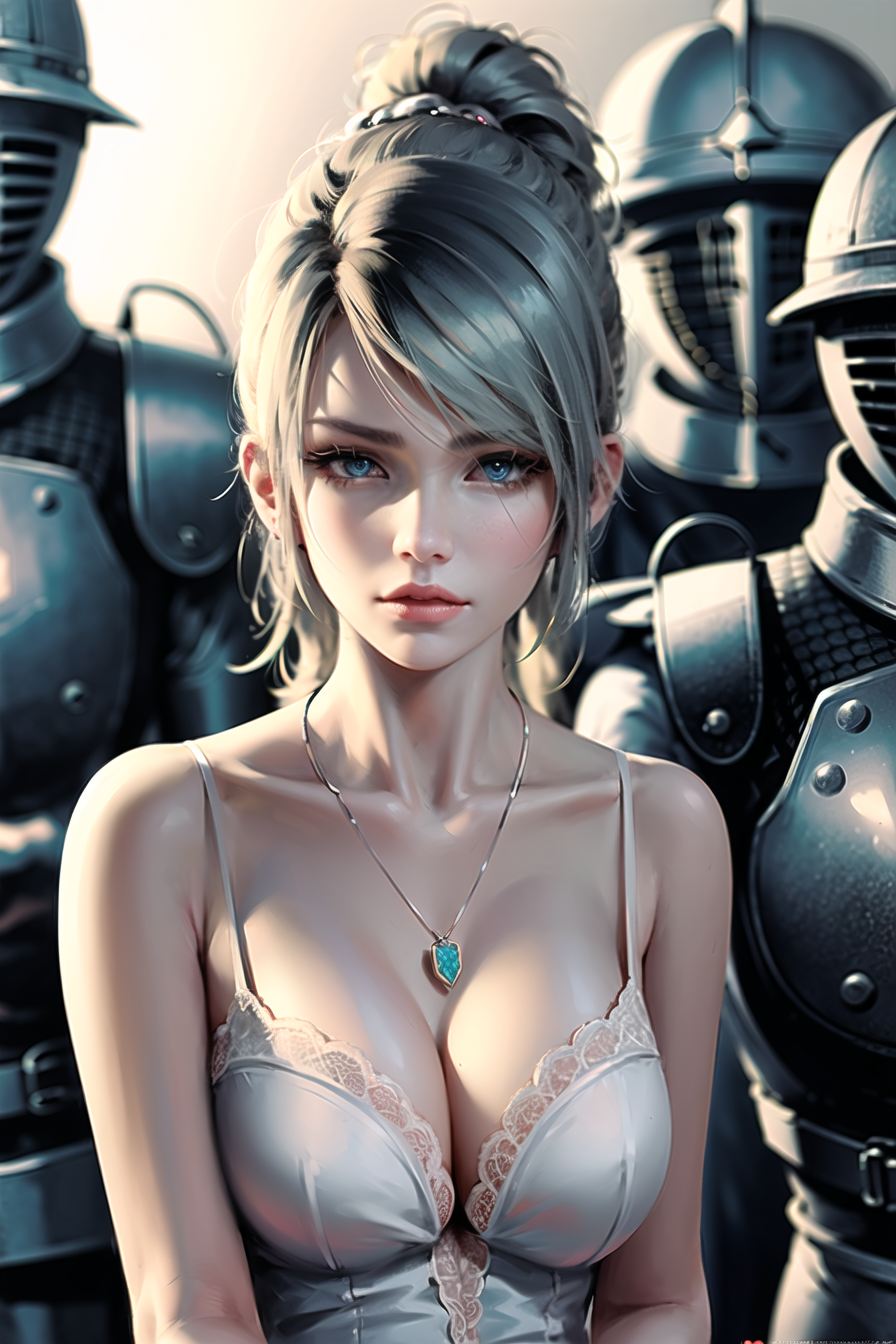 A computer-generated image of a woman with blonde hair wearing a white bra, pearl necklace, and blue eyes. She is posing in front of three knights, possibly in a fantasy setting. The woman is the main focus of the image, and the knights are positioned in the background.