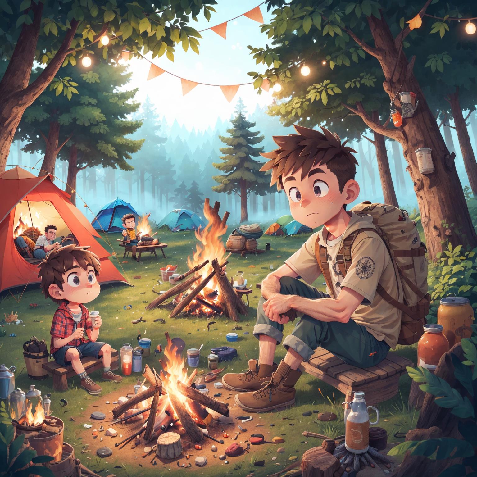 A Boy Scout Camping Trip with a Cartoon Illustration of a Boy Scout, Little Brother, and a Boy Scout Leader Sitting Around a Campfire