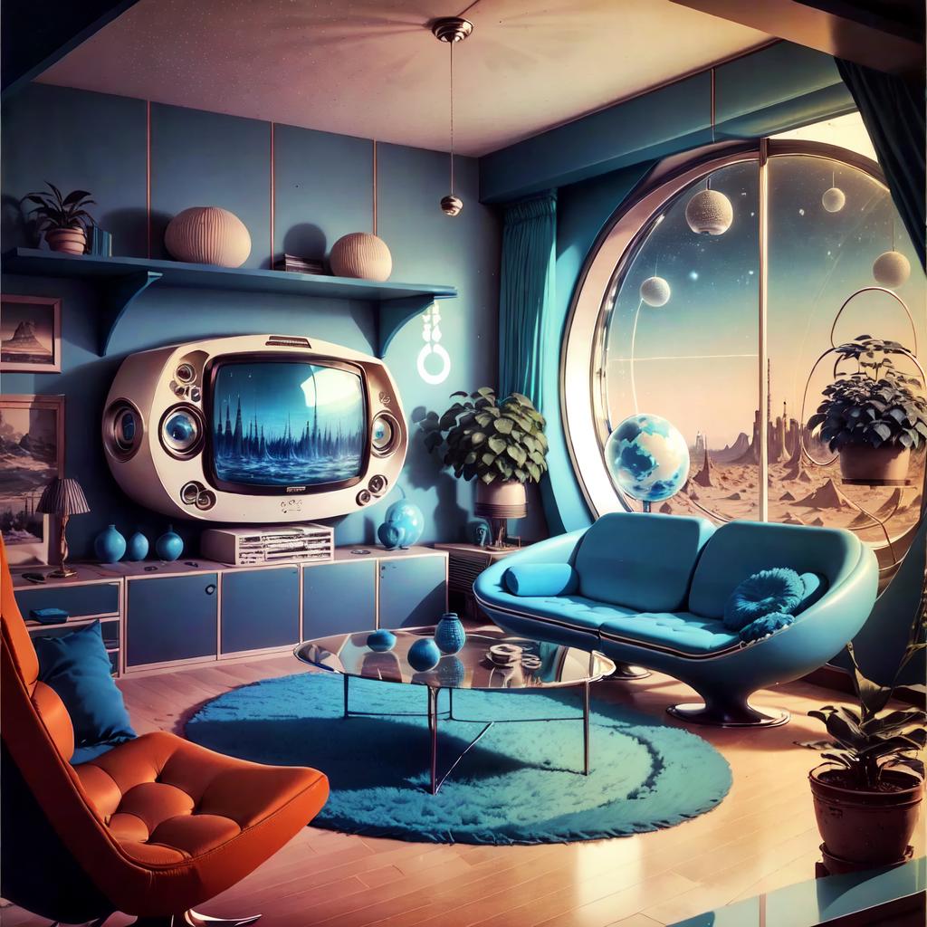A futuristic living room with a blue couch and a television.