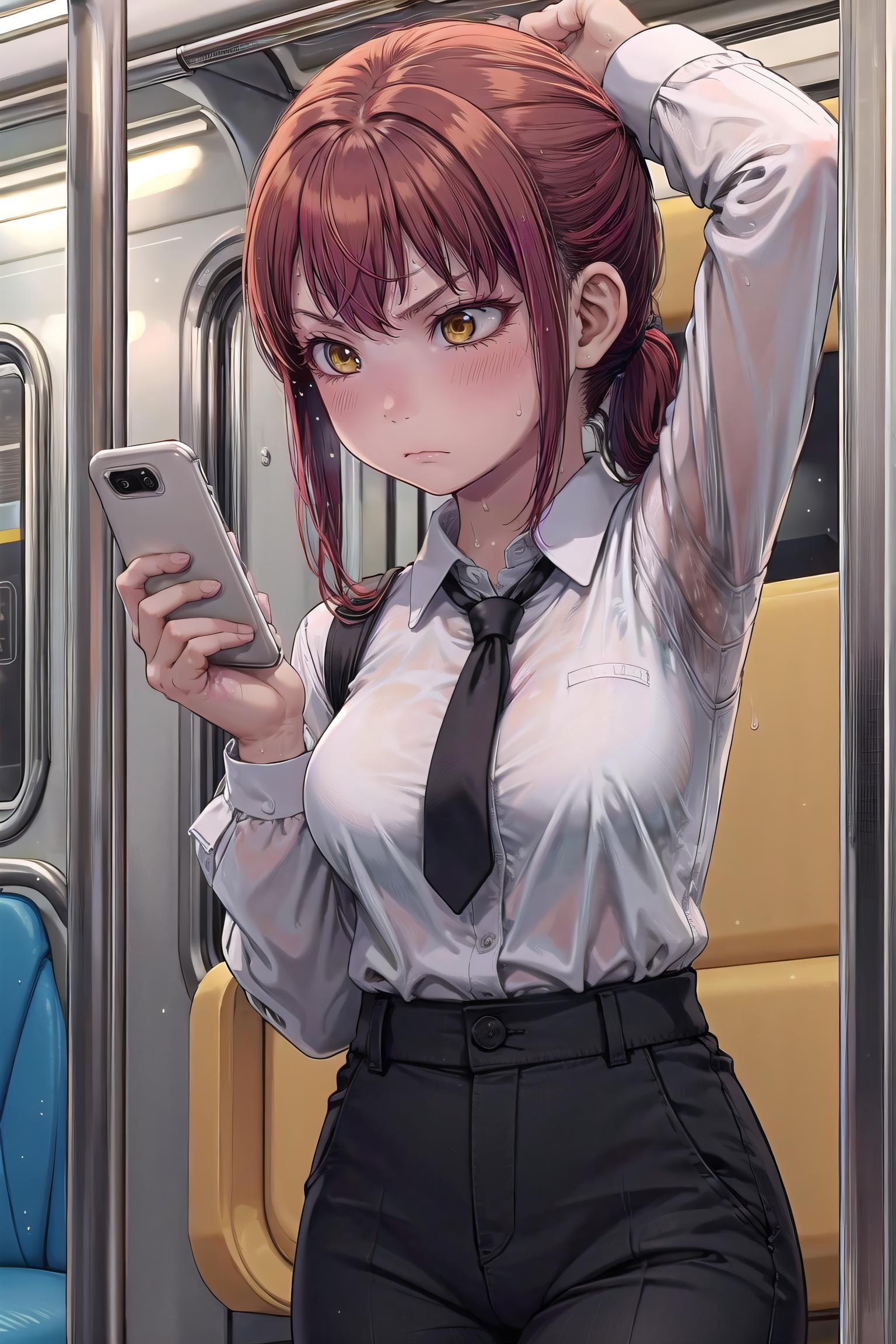Angry Anime Woman Wearing a Tie and Holding a Cell Phone.