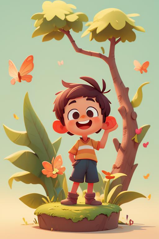 Cartoon Boy with Brown Hair and Orange Shirt Standing in a Field with Butterflies Flying Around
