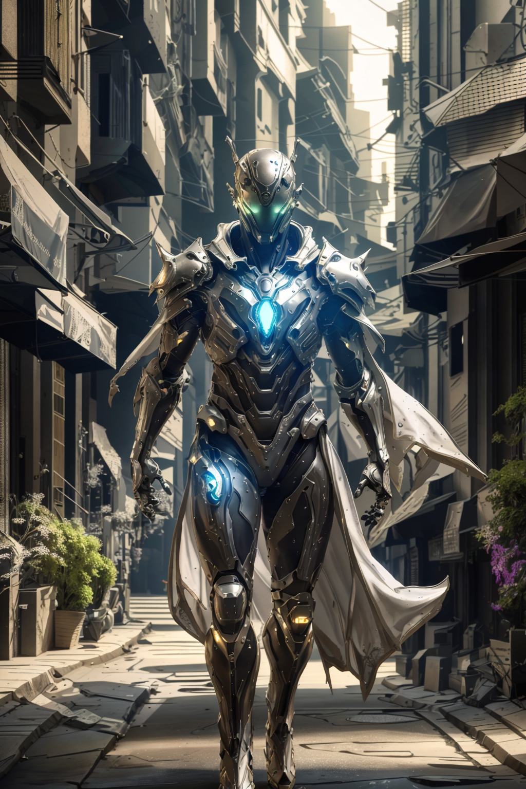 Futuristic Robot in a Cityscape with White Cape and Blue Eyes