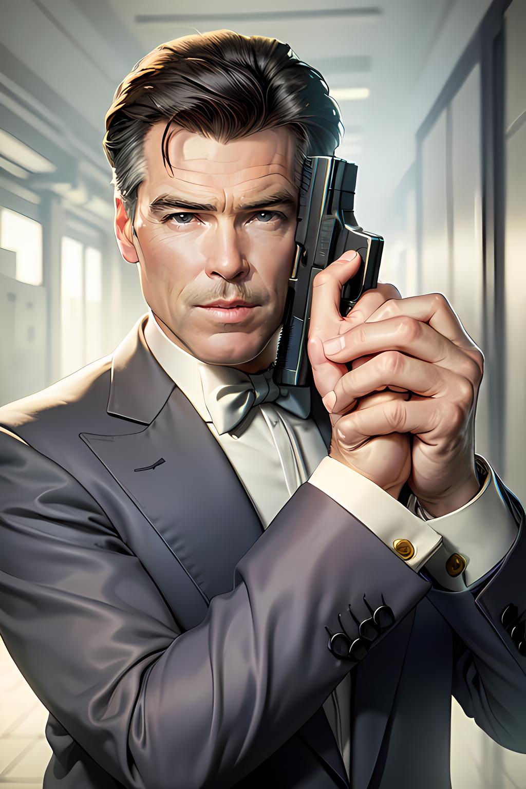 A man in a suit holding a gun.
