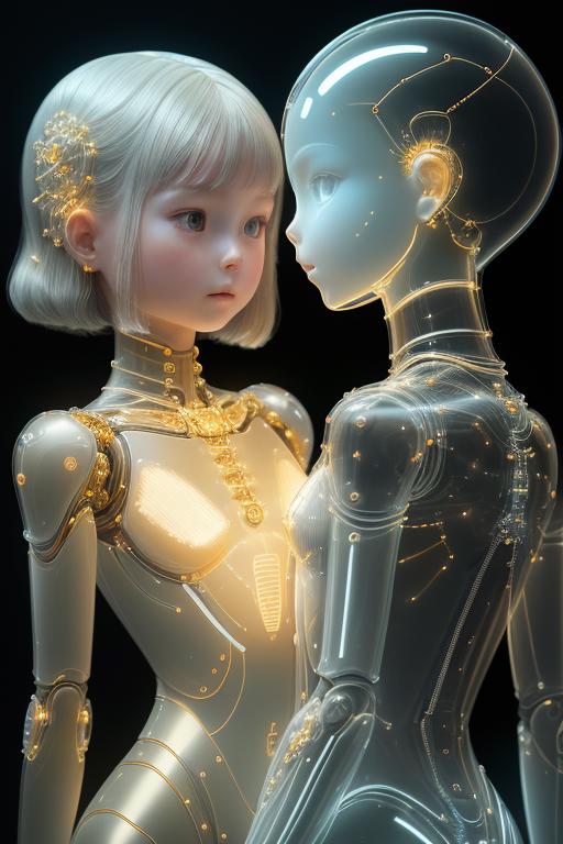 Two robotic dolls with gold accents and blue eyes, one with blonde hair.