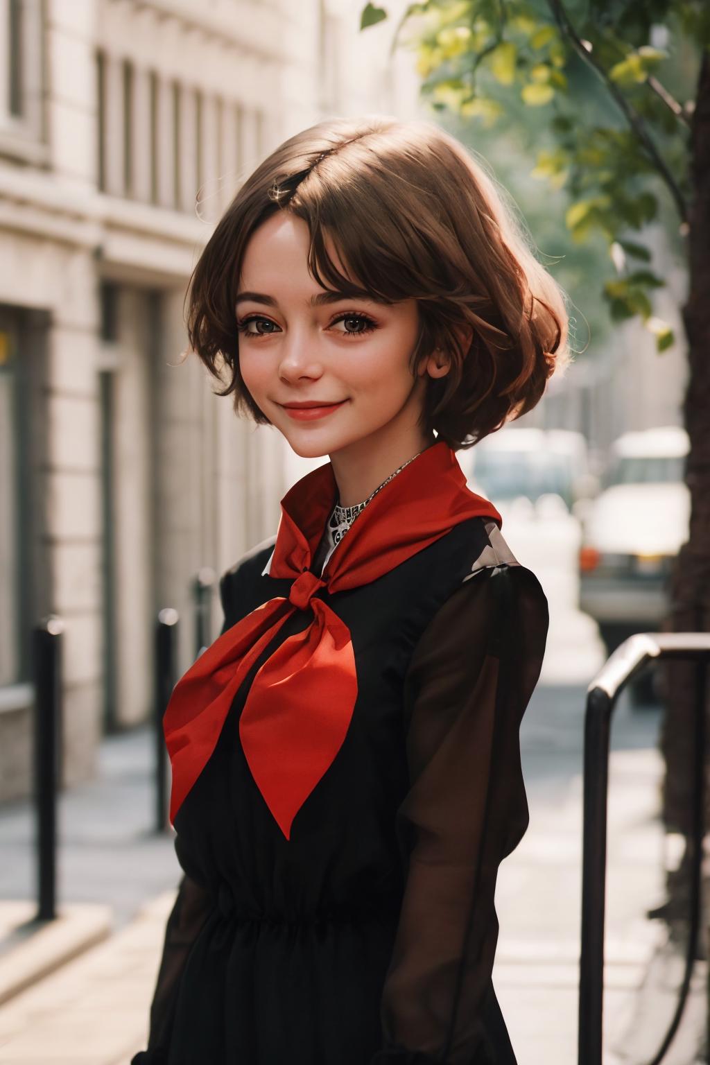 A young woman wearing a red bow tie and black dress on a city sidewalk.