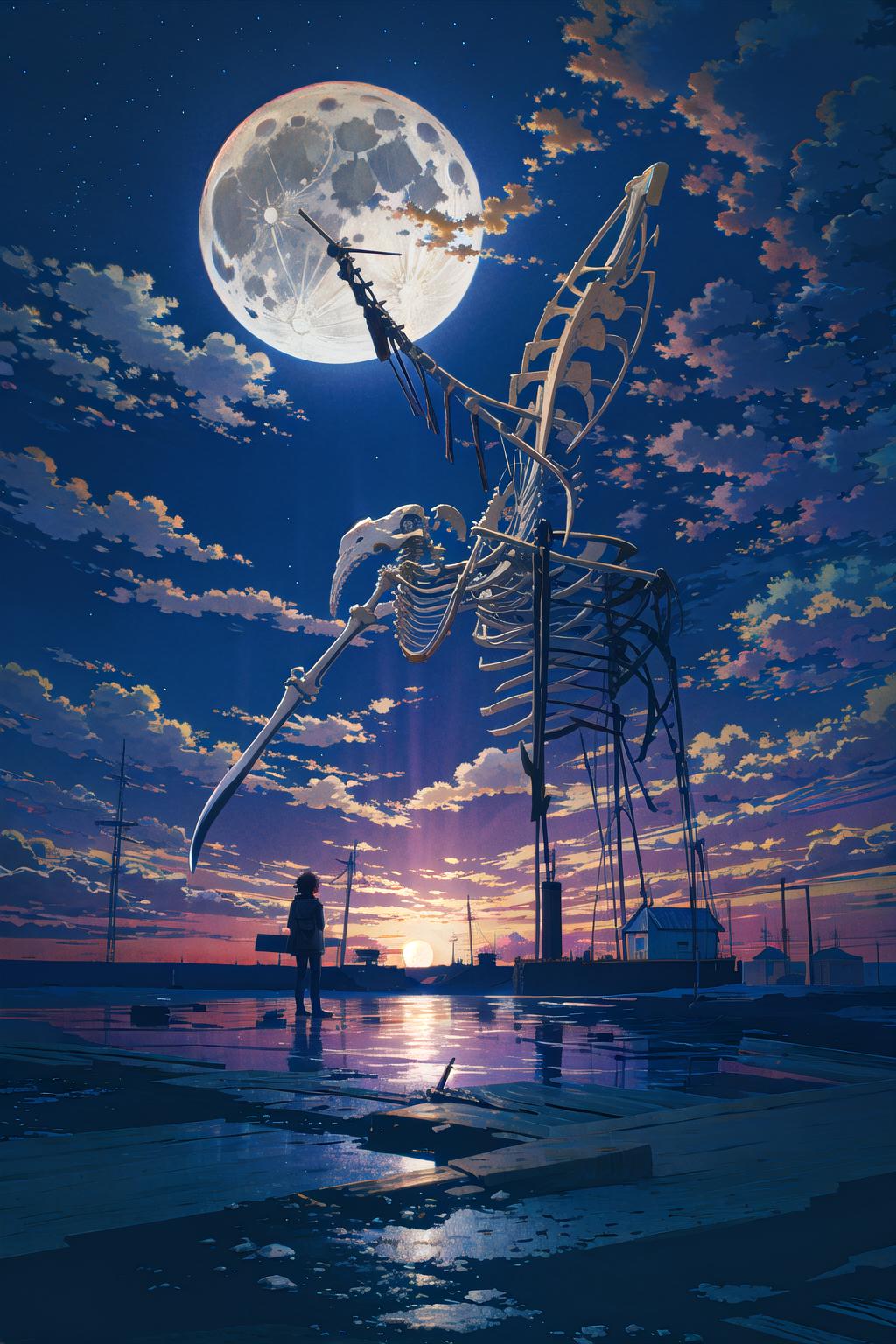 A person standing under a giant skeleton sculpture at sunset.