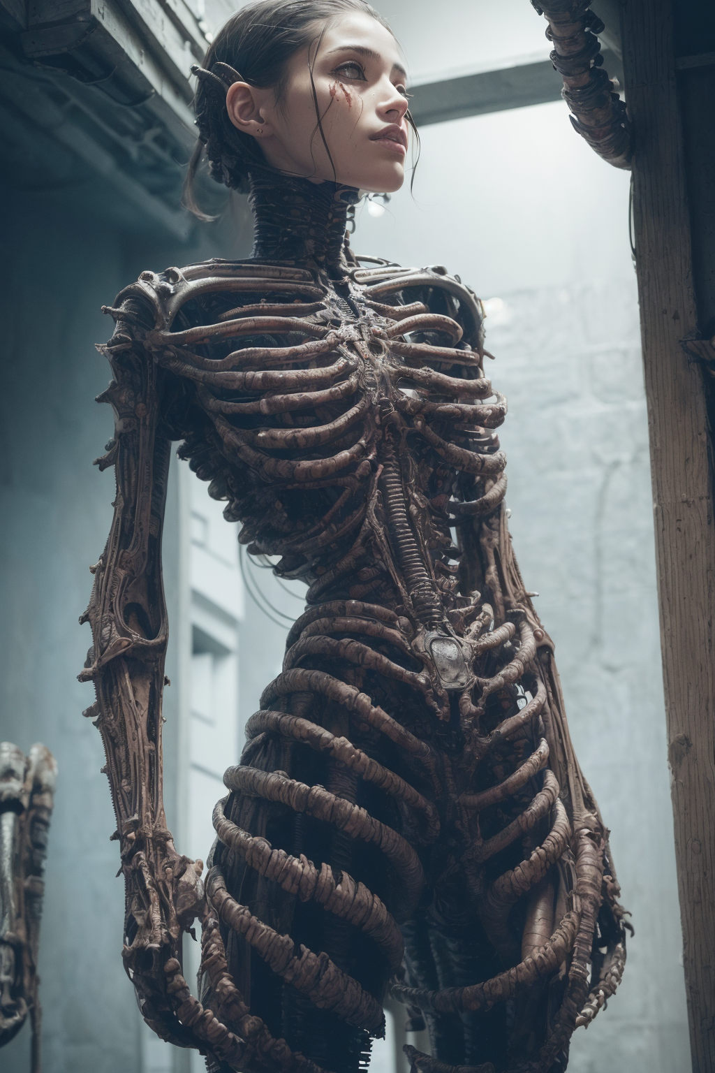 A Skeleton in a Dress with Wires Attached to It.