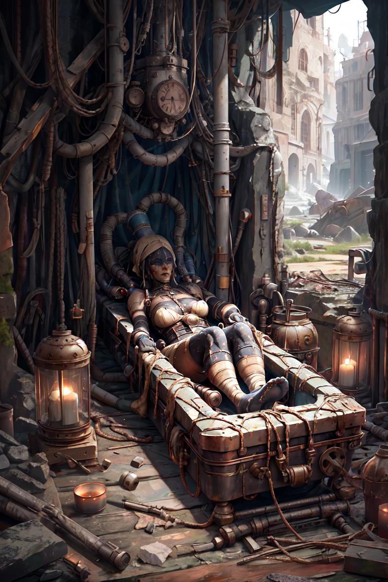 A Steampunk-inspired art piece featuring a female robot lying in a bed.