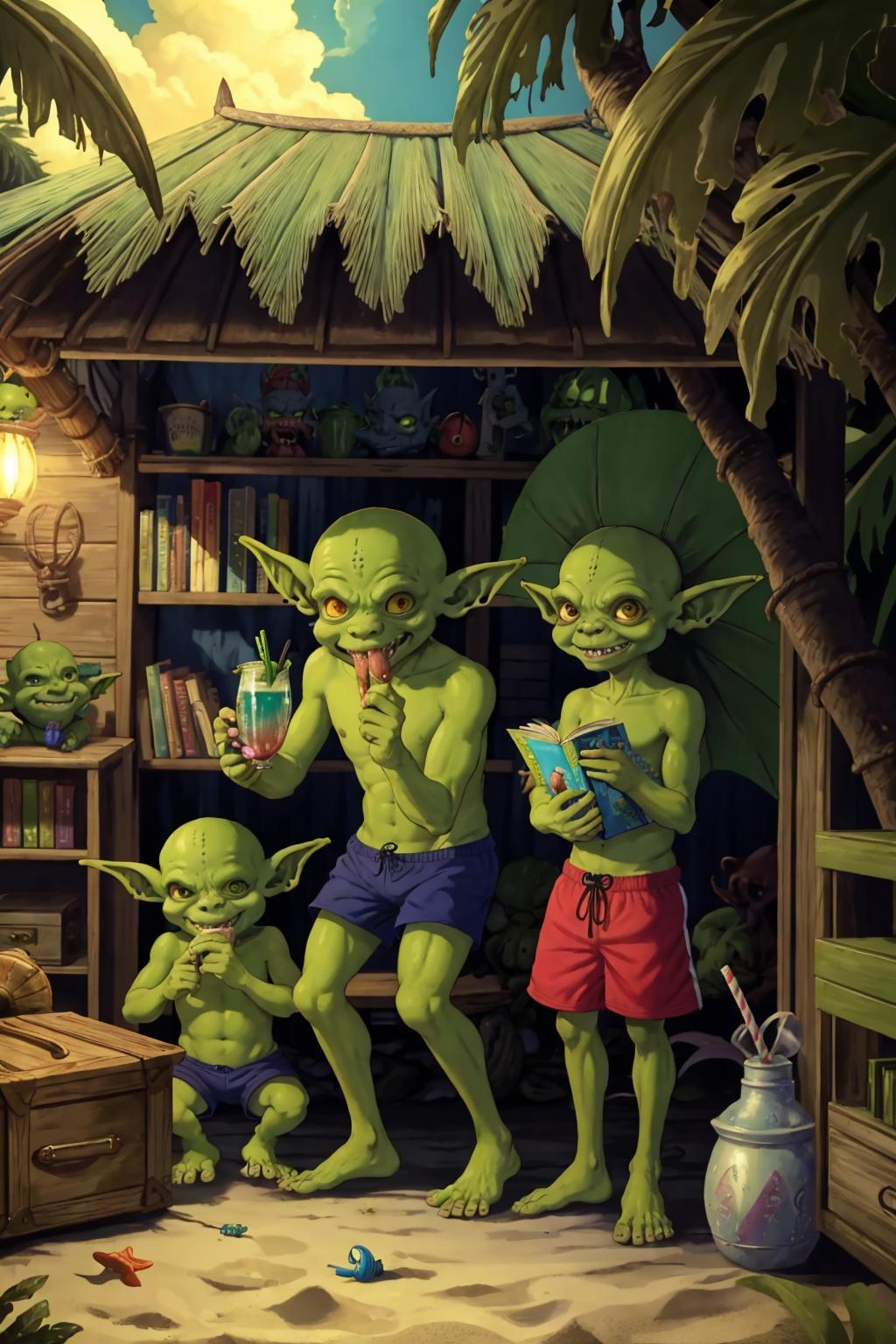 A cartoon image of two young green goblin-like creatures standing in a room.