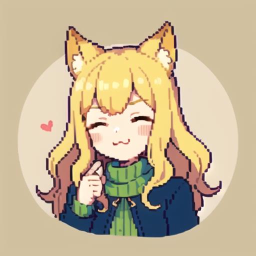 A cartoon character with blonde hair, wearing a green sweater, and yellow fox ears.