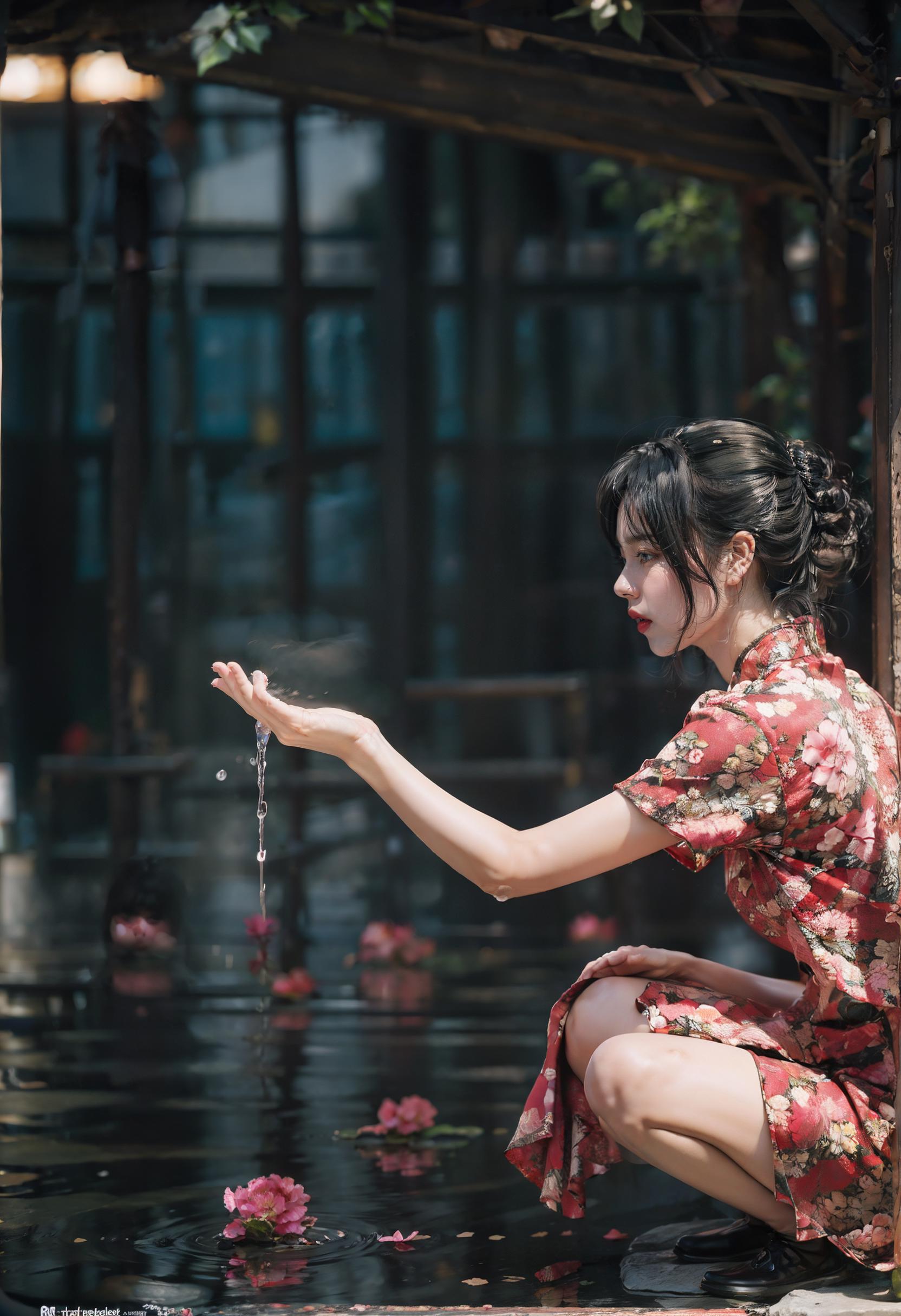 A woman in a red dress sitting at the edge of a body of water, with a flower petal falling from her hand.